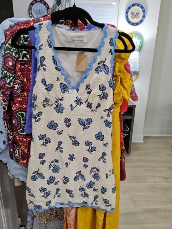 Sofie The Label Dresses & Skirts - Cream & Blue Floral Mini Dress with Scalloped V-Neck